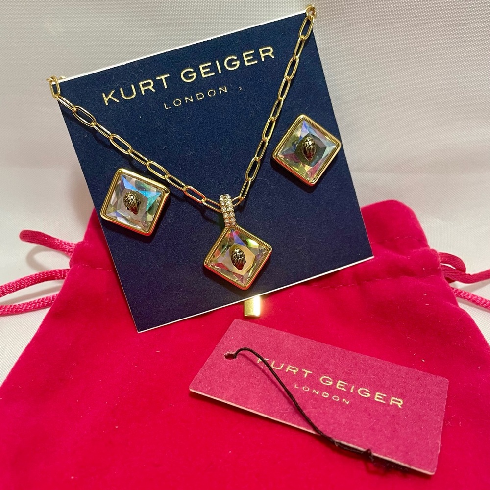Kurt Geiger London Eagle Head Crystal Pendant Square Necklace & Earrings, NWT